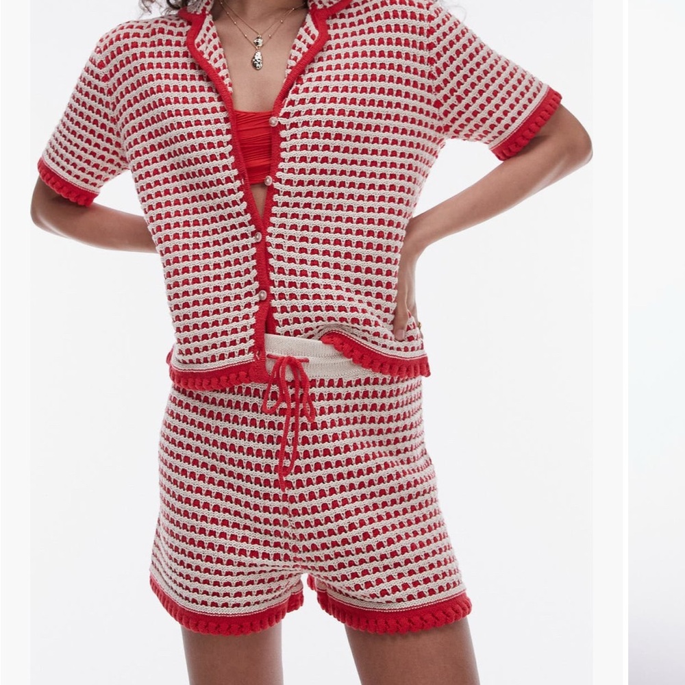 Topshop Red and White Knit Pajama Shorts Set (top is size L, shorts are size M)